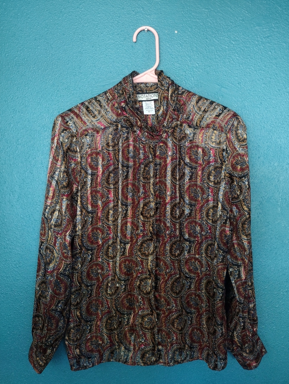 Vintage Notations Petite Sheer Paisley Button-Up Blouse Multi Brown/Red/Blue